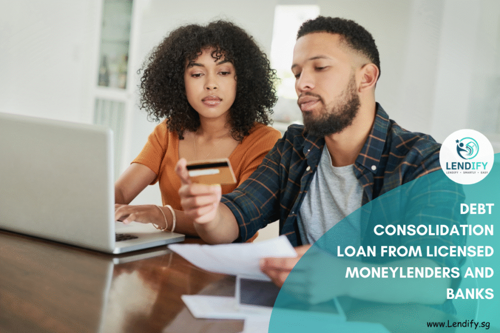 Couple comparing debt consolidation loan options from banks and licensed moneylenders on a laptop.