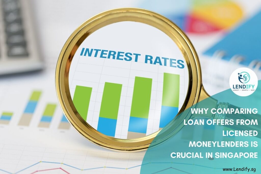 A close-up shot of a magnifying glass enlarging a financial bar graph labeled 'INTEREST RATES,' symbolizing the detailed comparison of loan offers. The image promotes a Lendify SG article on 'Why Comparing Loan Offers from Licensed Moneylenders is Crucial in Singapore.