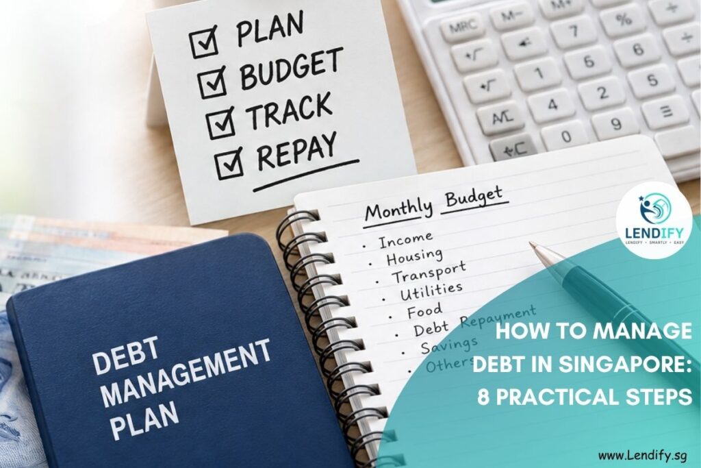 Debt management planning in Singapore with a calculator, notebook, pen and Singapore dollar notes on a desk.