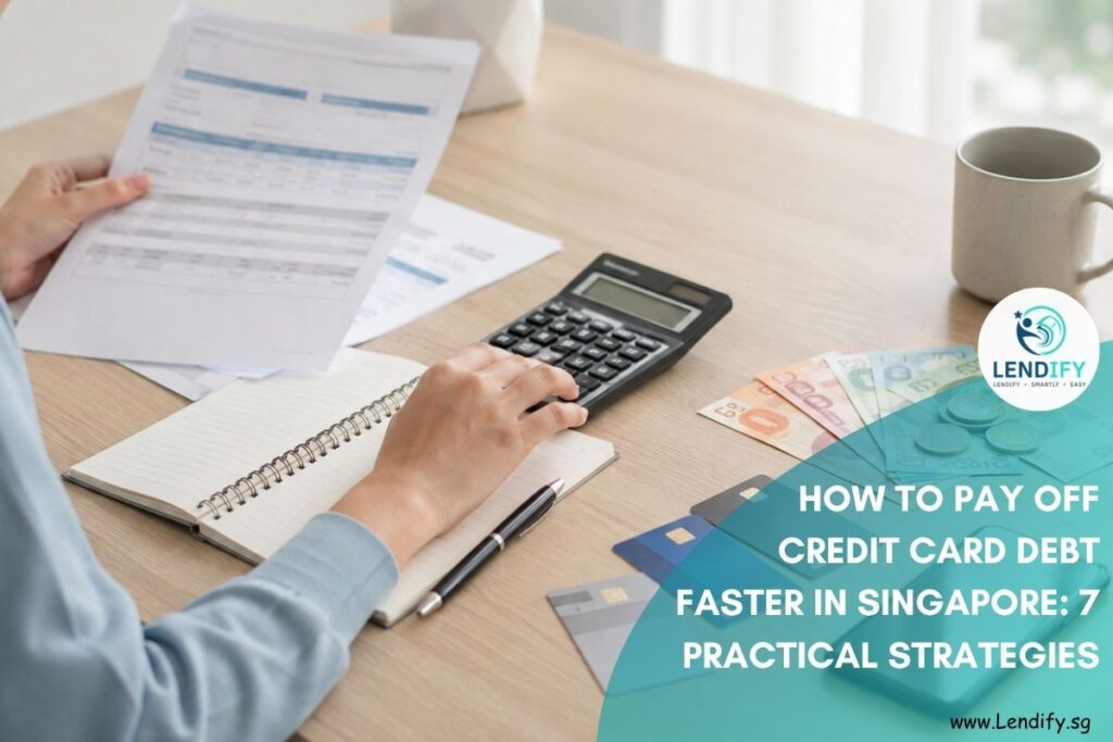 reviewing bills and calculating repayments at a desk with credit cards, Singapore dollar notes, a notebook and calculator, representing credit card debt management in Singapore.