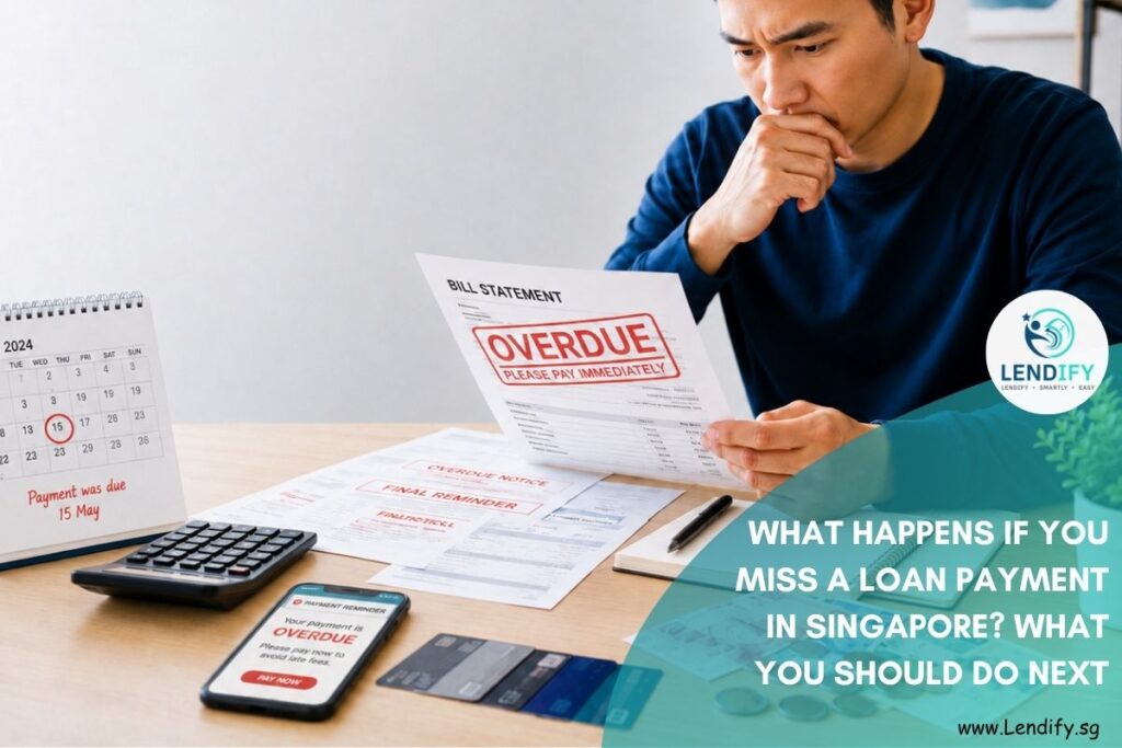 Worried man reviewing an overdue loan bill at a desk with a calendar showing a missed payment date, calculator, credit cards and Singapore dollar notes.