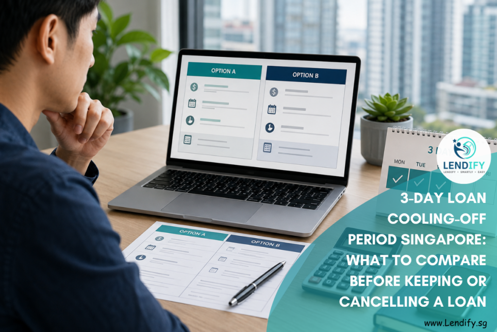 Borrower comparing two loan options during Singapore’s three-business-day licensed moneylender cooling-off period.