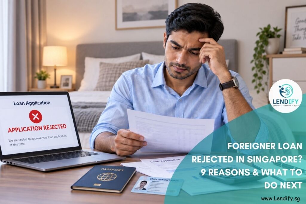 Foreigner in Singapore reviewing a rejected loan application on a laptop at a bedroom desk, with a passport, employment pass, calculator and loan documents.