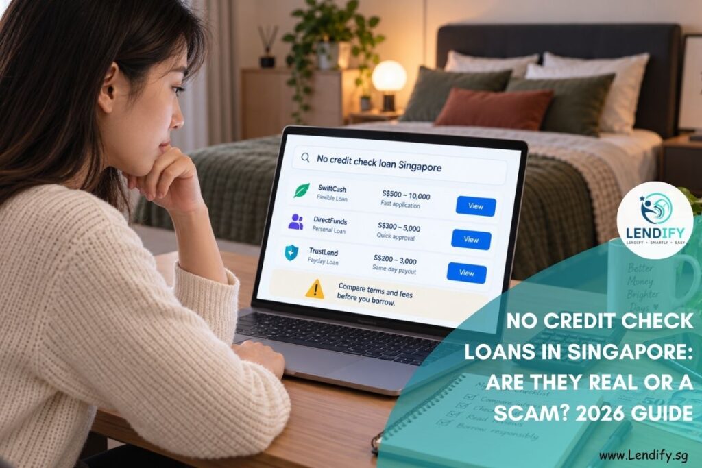 Woman comparing no credit check loan options in Singapore on a laptop from a bedroom workspace, with a calculator, notebook and Singapore dollar notes nearby.
