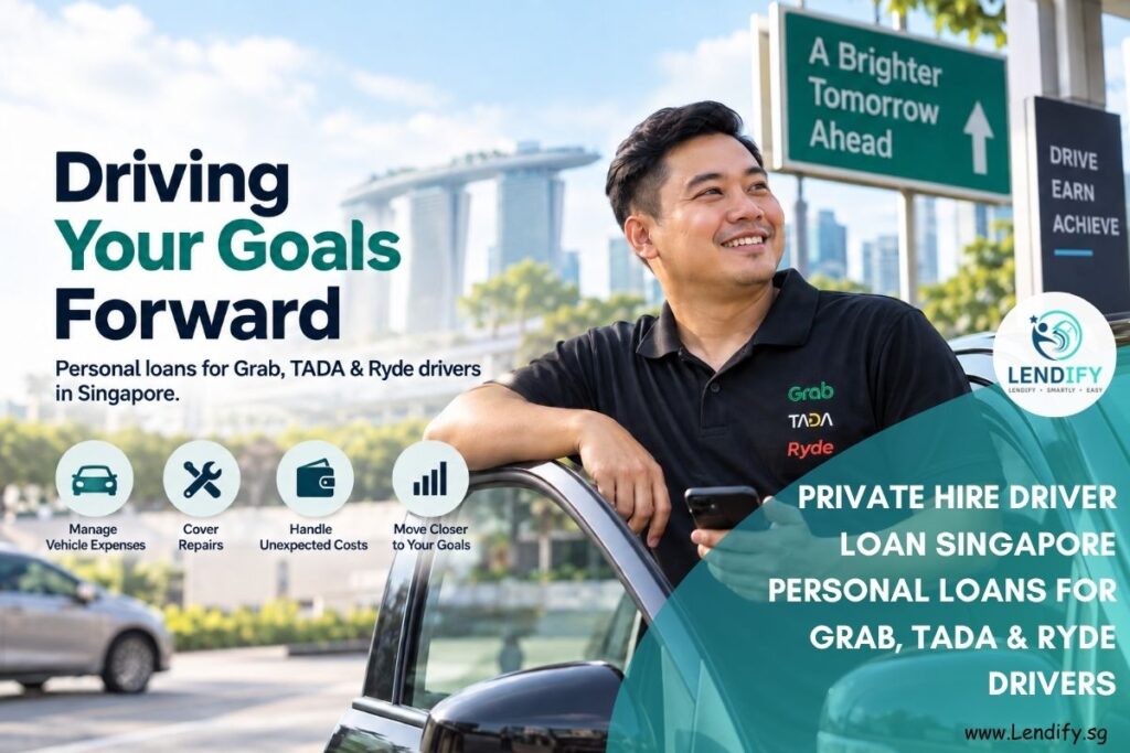 Private hire driver in Singapore standing beside a car with a smartphone, representing personal loan options for Grab, TADA and Ryde drivers.