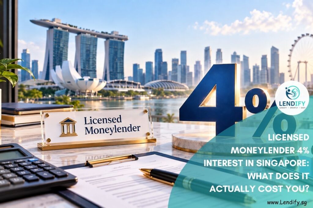 Licensed moneylender interest rate concept in Singapore showing a 4% monthly interest figure beside a loan document, calculator and Singapore skyline.
