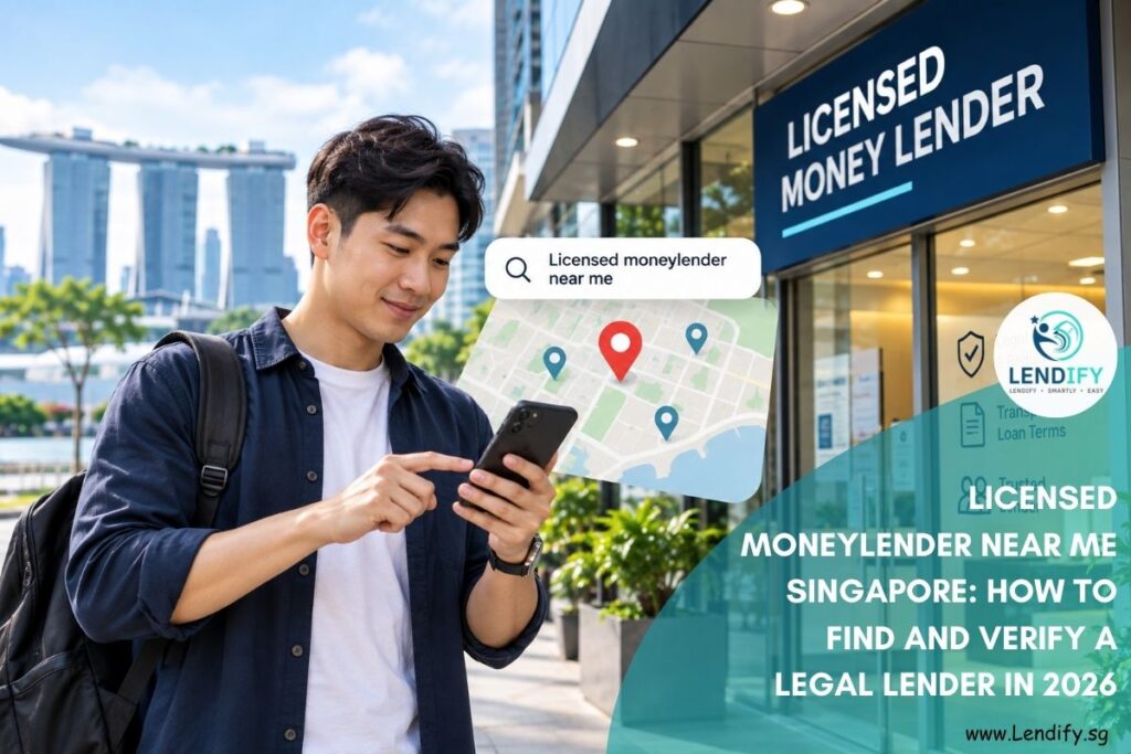 Man in Singapore using a smartphone showing the Lendify.sg website while searching for a licensed moneylender near him, with a nearby moneylender storefront and map graphic in the background.